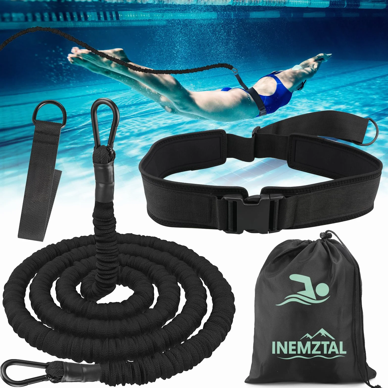 Cinturón de natación premium para adultos, para piscina, cinturón de natación de 3,5 a 8,5 m con bandas elásticas, ayuda de natación para adultos, adecuado para principiantes y profesionales, para