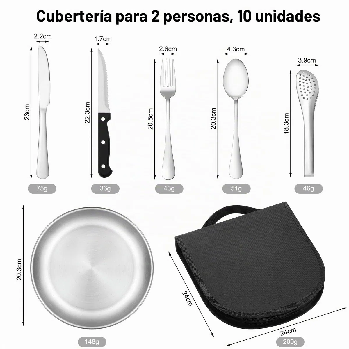Juego de Cubiertos de Camping para 2 Personas, 10 Piezas Conjunto de Platos de Camping de Acero Inoxidable para Camping, Picnics, Viajes