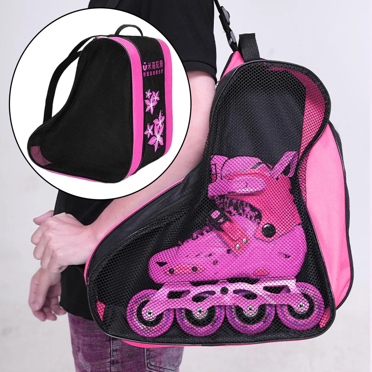Perfeclan Bolsa de Patinaje, Unisex Transpirable, Bolsa de Transporte, Correa de Hombro Ajustable, Bolsa de Almacenamiento, Accesorios para Patines, Rosado