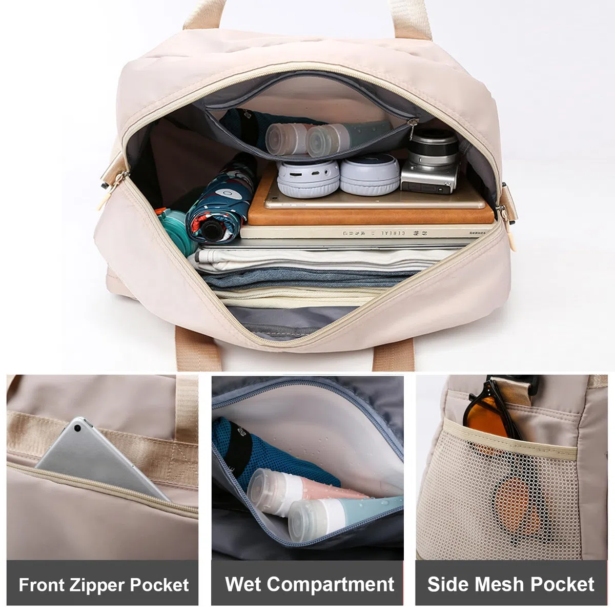 Bolsa de Gimnasio Deporte Mujer Grande, Expandible 37,7 L a 50,7 L, con Bolsillo Húmedo, Bolsa de Viaje Deportiva de Fin de Semana con Correas, Bolso Weekend Equipaje de Mano Ligera
