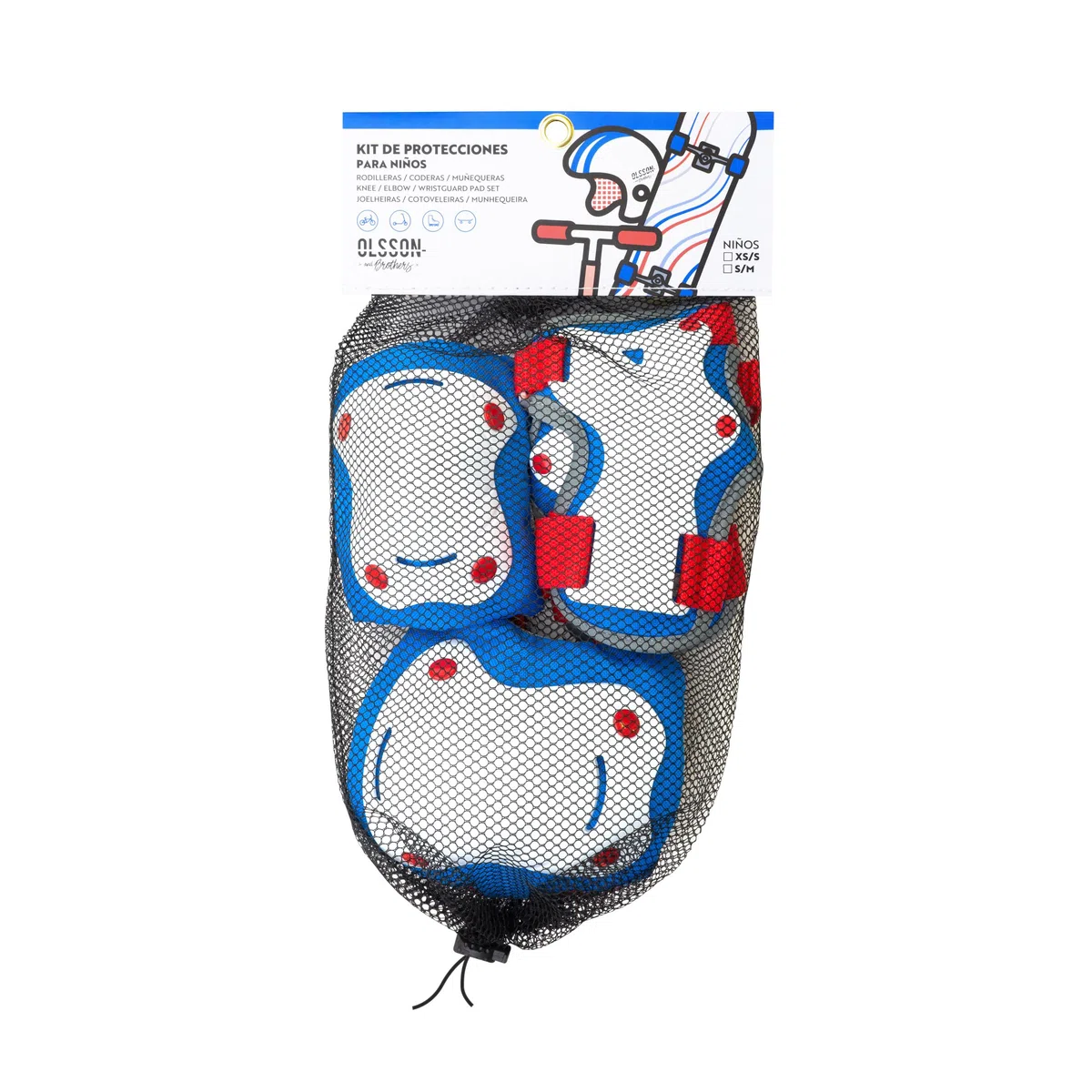 OLSSON Protecciones Patines niña niño - Rojo/Azul - Talla XS - Kit Rodilleras Coderas muñequeras - Homologadas - Alta Resistencia a la abrasión - Versátiles y Ligeras - Patinetes, Patines, Bicicletas