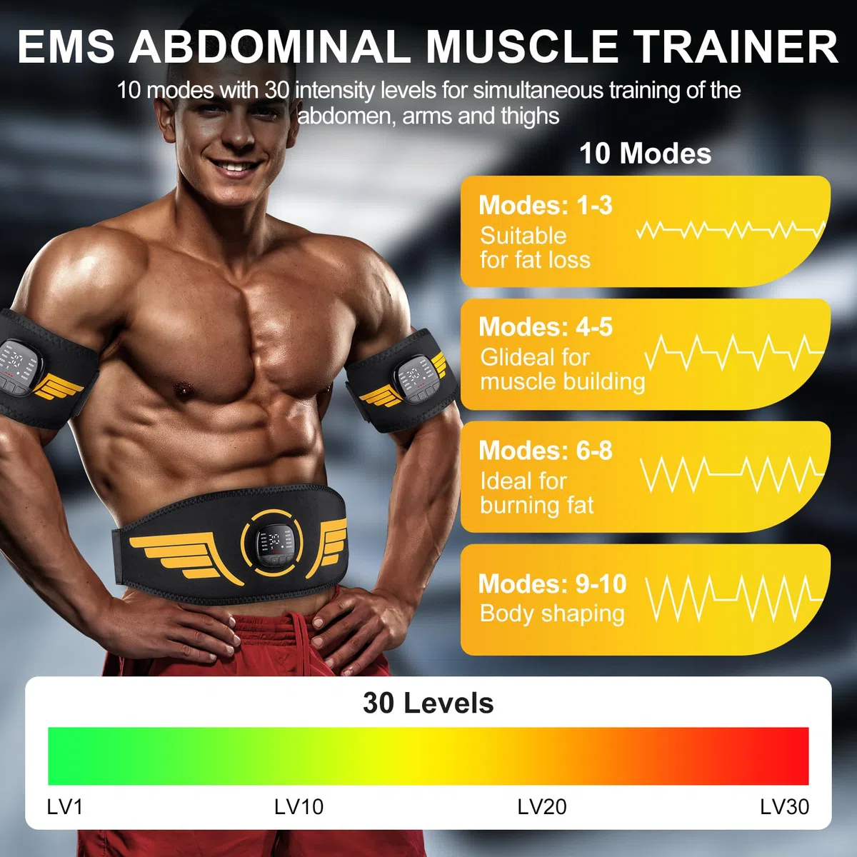 Electroestimulador Abdominal,Electroestimulador Muscular con 10 Modos Y 30 Intensidades, EMS Abdominales Electroestimulacion para Abdominales Brazos Piernas, Indicador De Consumo De CaloríAs