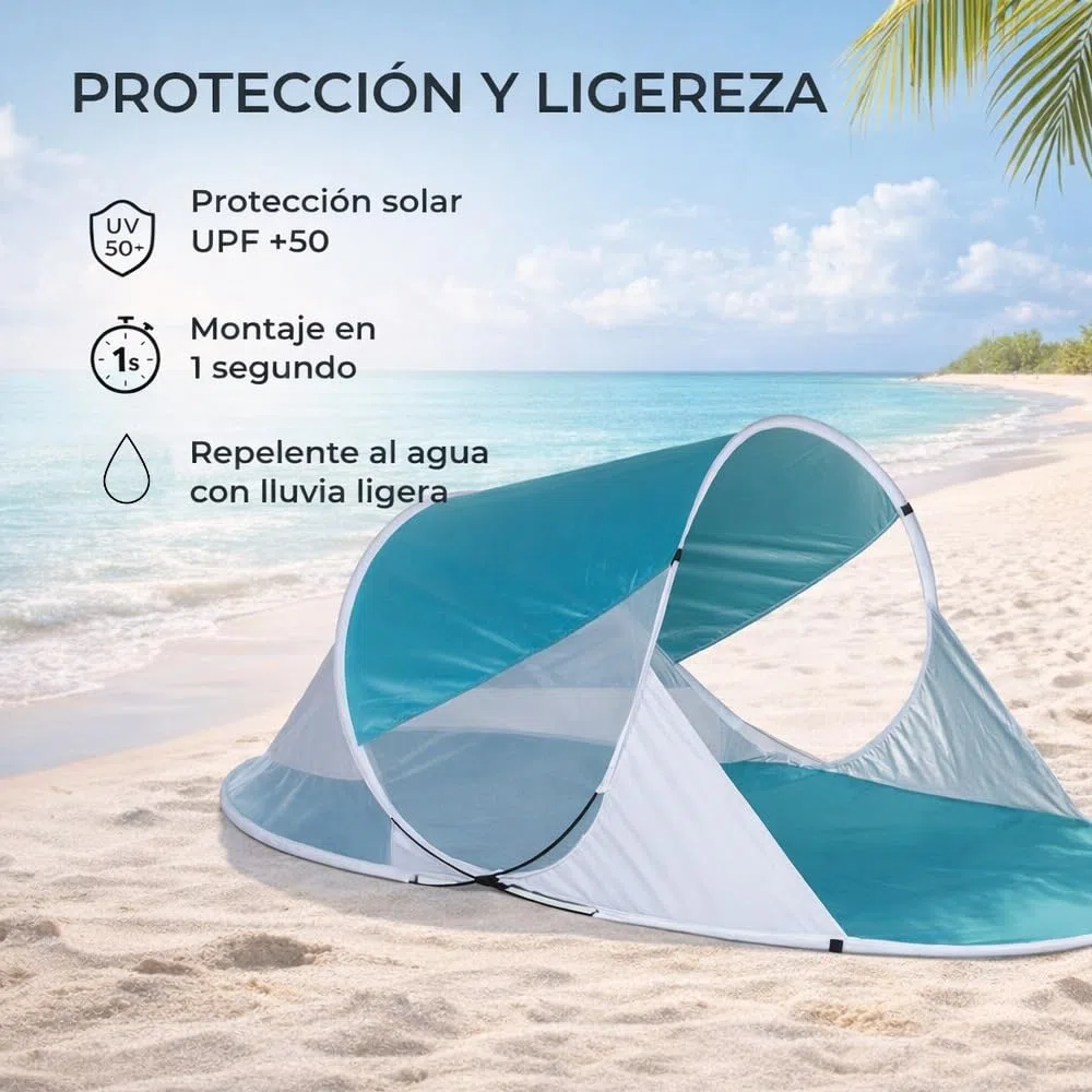 MONTY Paravientos Pop Up Aguamarina, de 190x120x90 cm. Protección Solar UPF+50, Despliegue Automático 1 Segundo, Ventilaciones Anti-Viento, Bolsa de Transporte, para Playa, jardín, montaña.