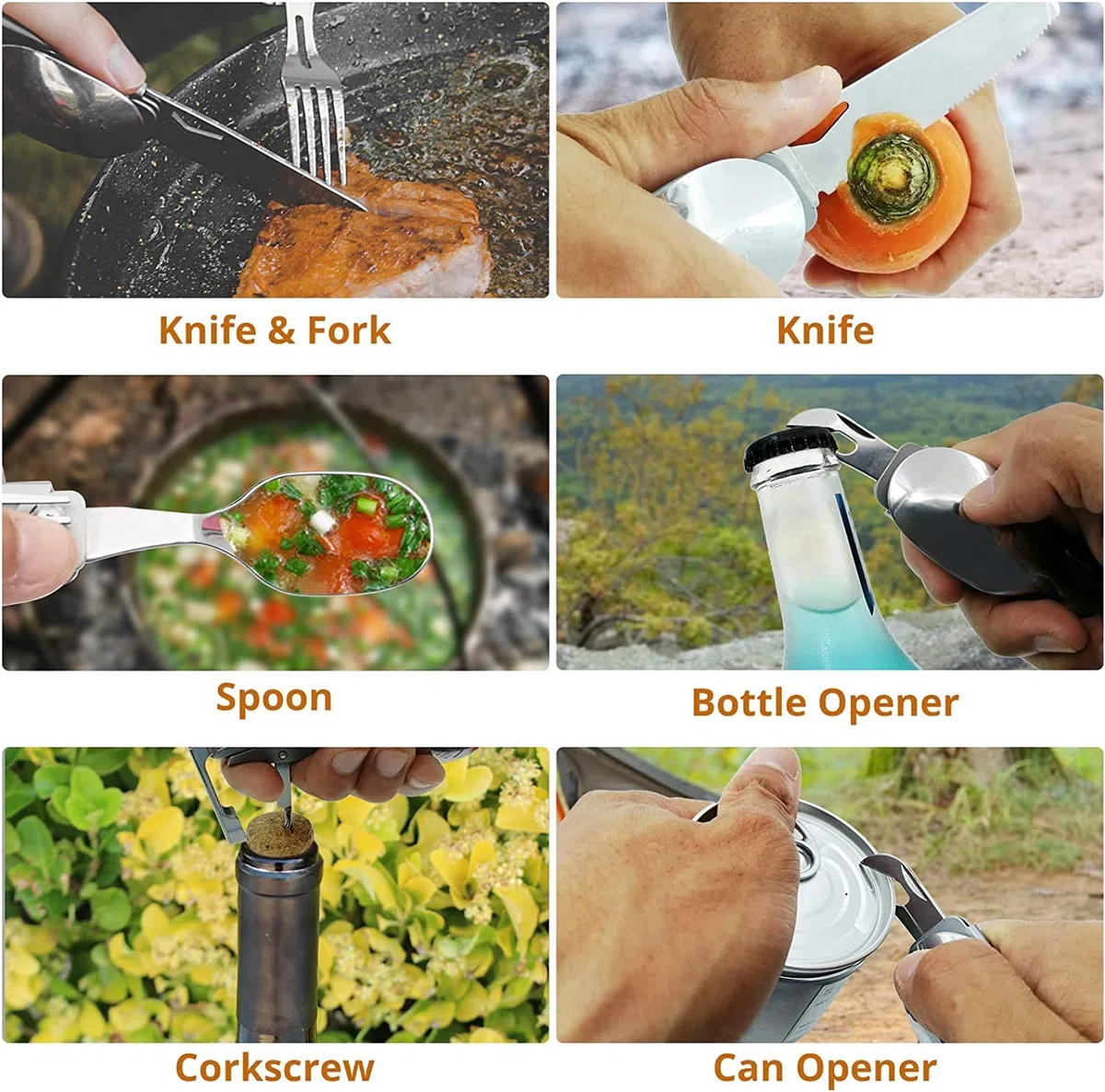 Cubiertos plegables multifuncionales 5 en 1, Vajilla de utensilios para acampar al aire libre, Juego de cubiertos portátil de acero inoxidable para viajes, con bolsa con cordón (2 Paquetes)