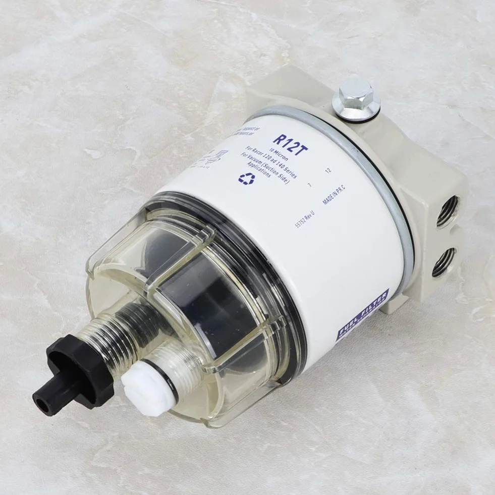 Filtro Separador de Agua y Combustible para Barcos R12T - 30 GPH, 10 Micras, con Tecnología Aquabloc II y Revestimiento Anticorrosivo, para Motor Marino, Diesel/Gasolina