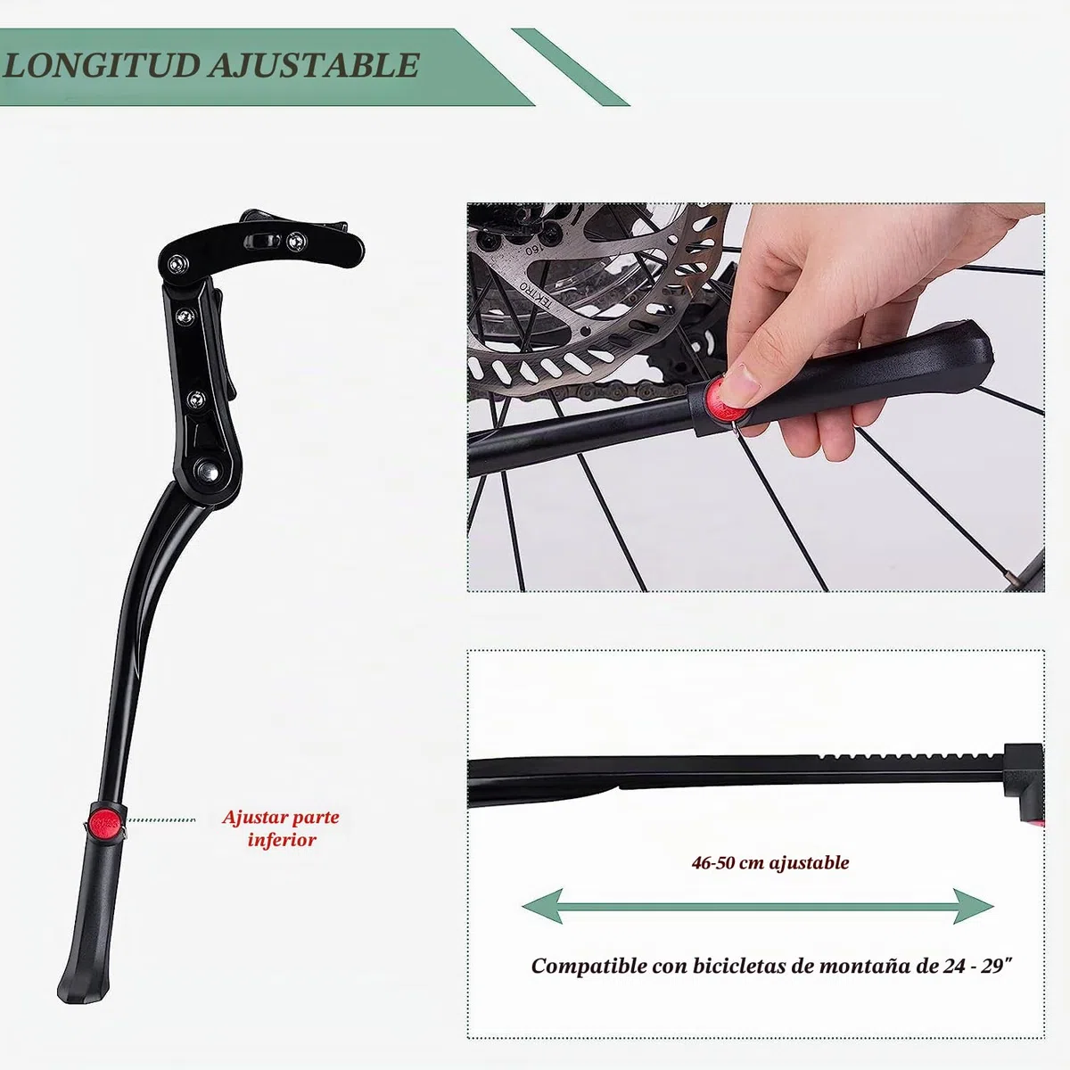 ROCKBROS Pata de Cabra para Bicicleta Soporte Ajustable de Retroceso Aluminio para 24-29 Pulgadas, Negro