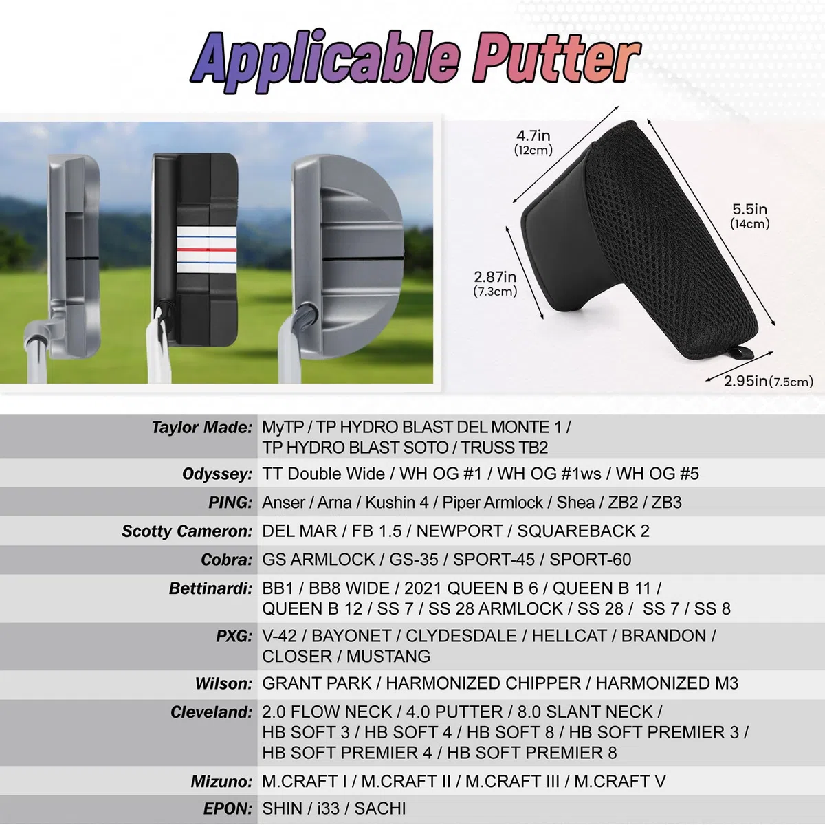 Cubierta de cabeza de putter tipo ping para hoja de golf, peso ligero, cierre magnético/Magictape, piel sintética negra y protector de palo de golf de malla, apto para Scotty Taylormade Odyssey