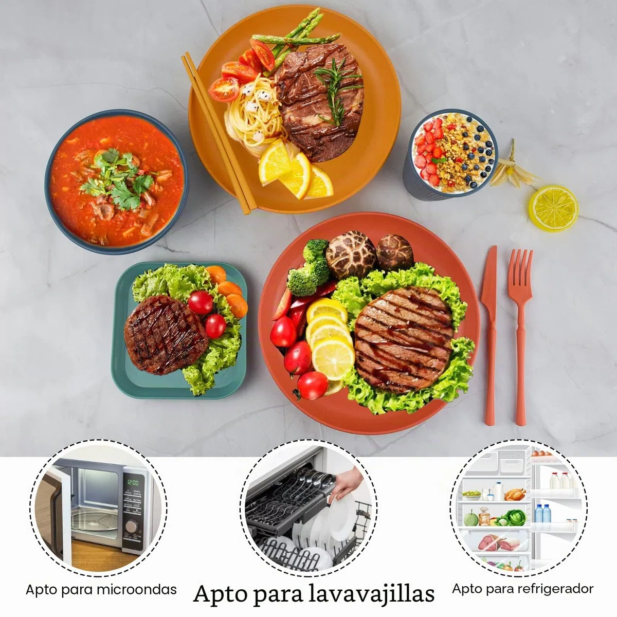 Vajilla Camping, 48 Piezas Platos Plastico Duro Reutilizables, Vajilla Picnic Contiene Plato Cuenco Cuchara Taza Cubiertos, Set Cocina Camping para Familia Al Aire Libre Viajes- 4 Personas