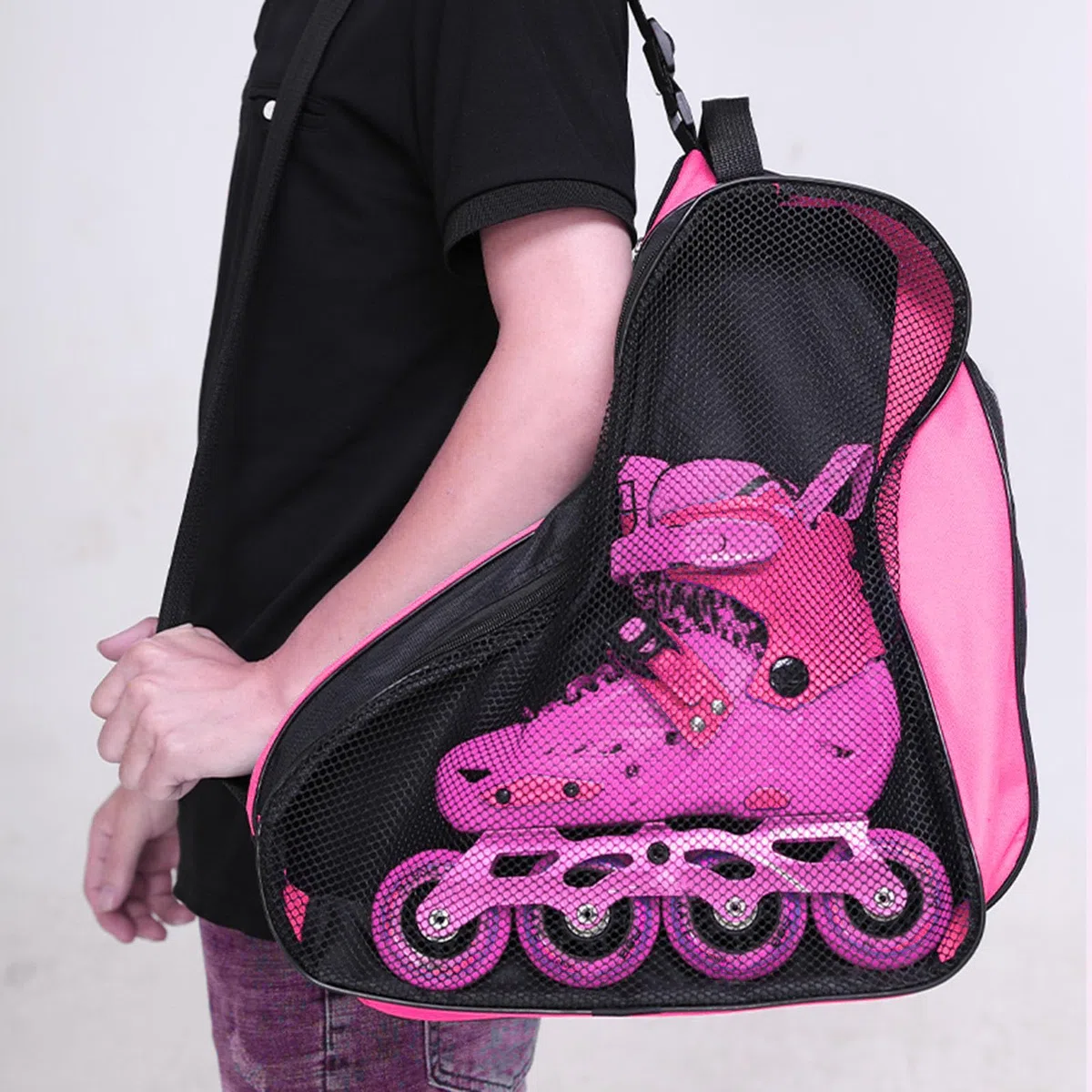 Perfeclan Bolsa de Patinaje, Unisex Transpirable, Bolsa de Transporte, Correa de Hombro Ajustable, Bolsa de Almacenamiento, Accesorios para Patines, Rosado