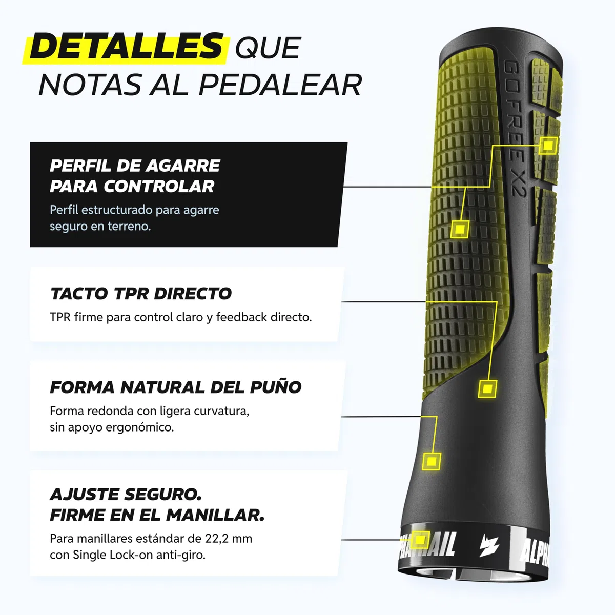 Alphatrail GoFree puños Bicicleta MTB para Bici & e-Bike, Grip Trail con amortiguación, puños MTB Lock-on 22,2 mm, 1 par, 120 g, puños para Bicicleta Trail & Tour