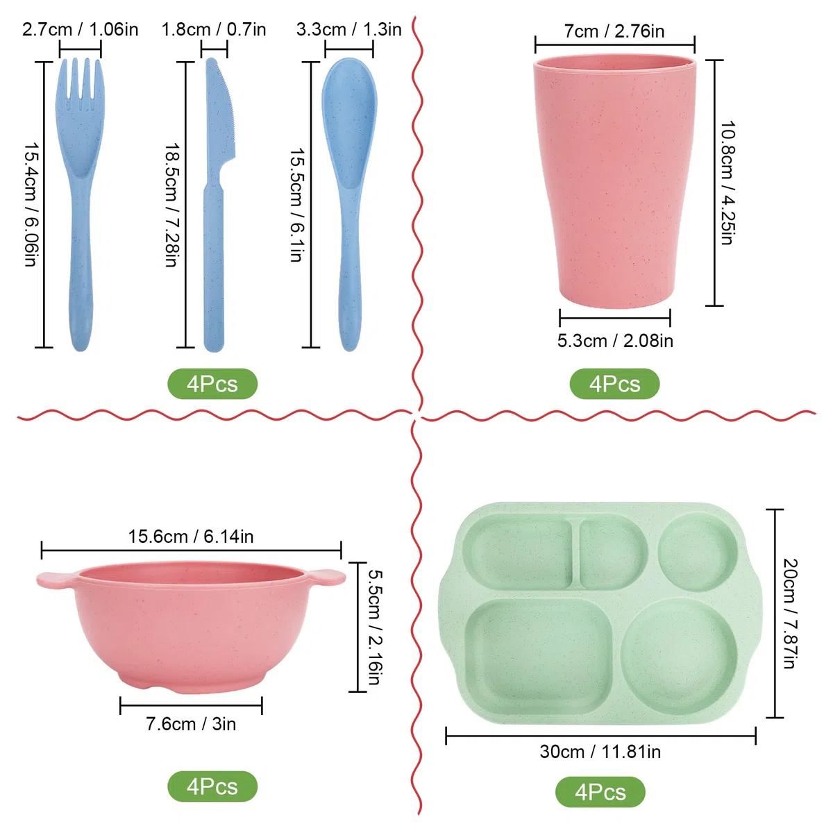 Juego de vajilla irrompible para 4 personas, juego de platos y cuencos divididos para niños, platos de plástico reutilizables, tazas, cuencos, juego de cubiertos para campamento, niños (color claro)