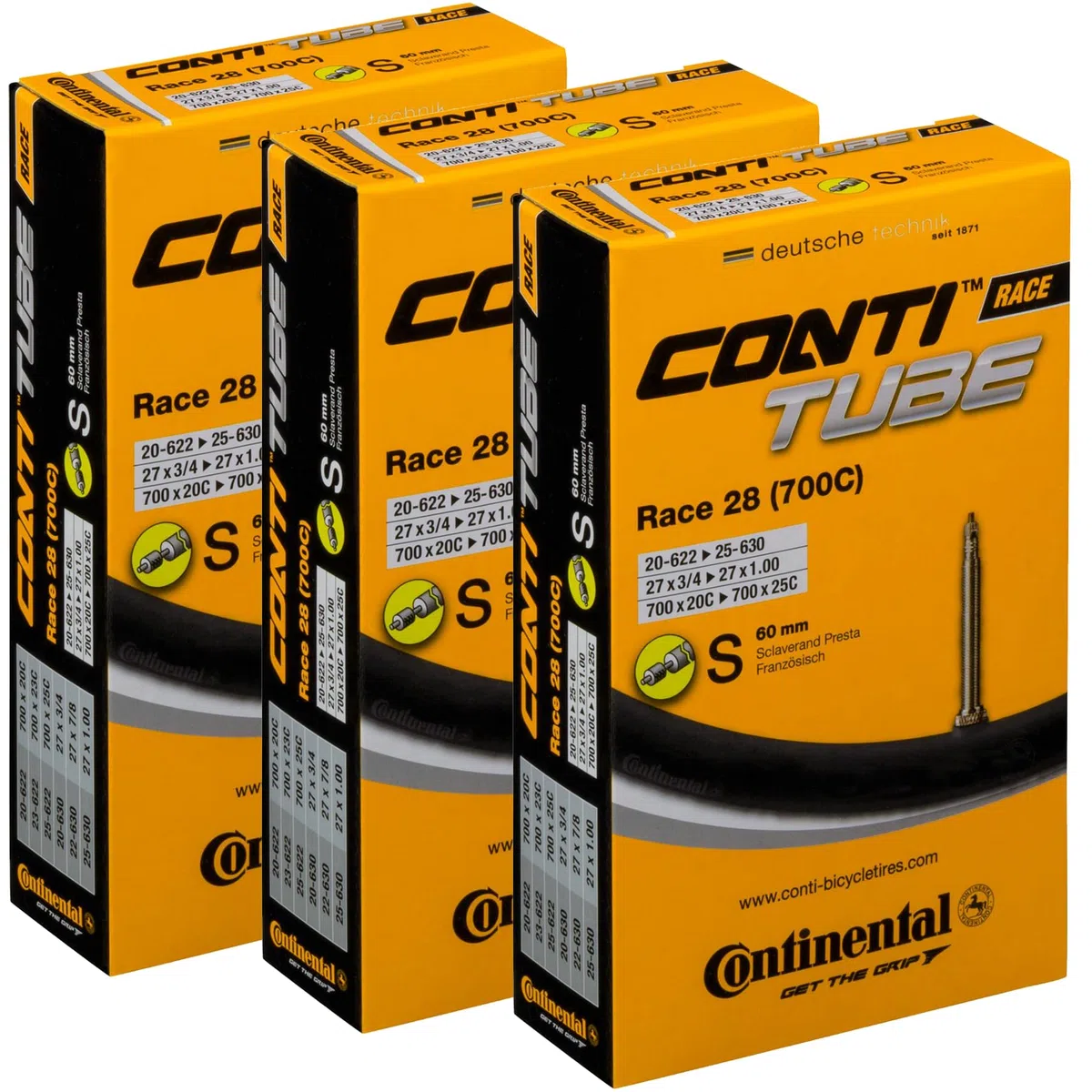 Continental Pack 3 cámaras 28, 20-25, válvula Presta (Fina), 60 mm, Ciclismo, Negro, 700c Road