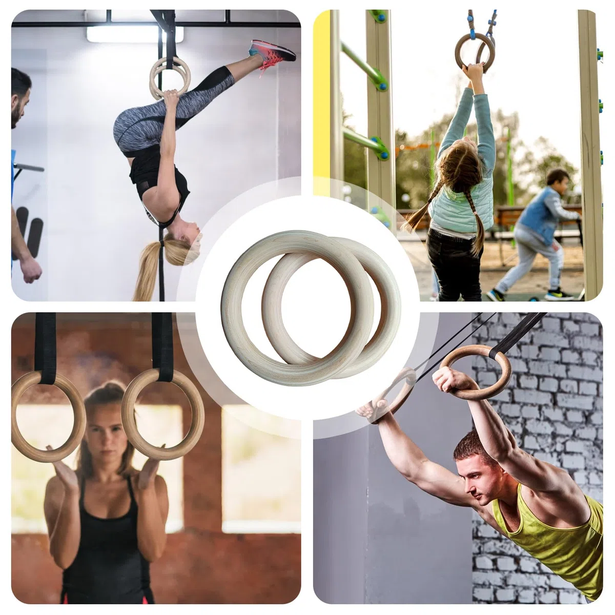 Anillos de barra de dominadas, 2 agarres de madera para gimnasia, 450 g, anillos de ejercicio de fitness para gimnasio en casa, parque infantil, interior, exterior, herramienta de fuerza para la parte
