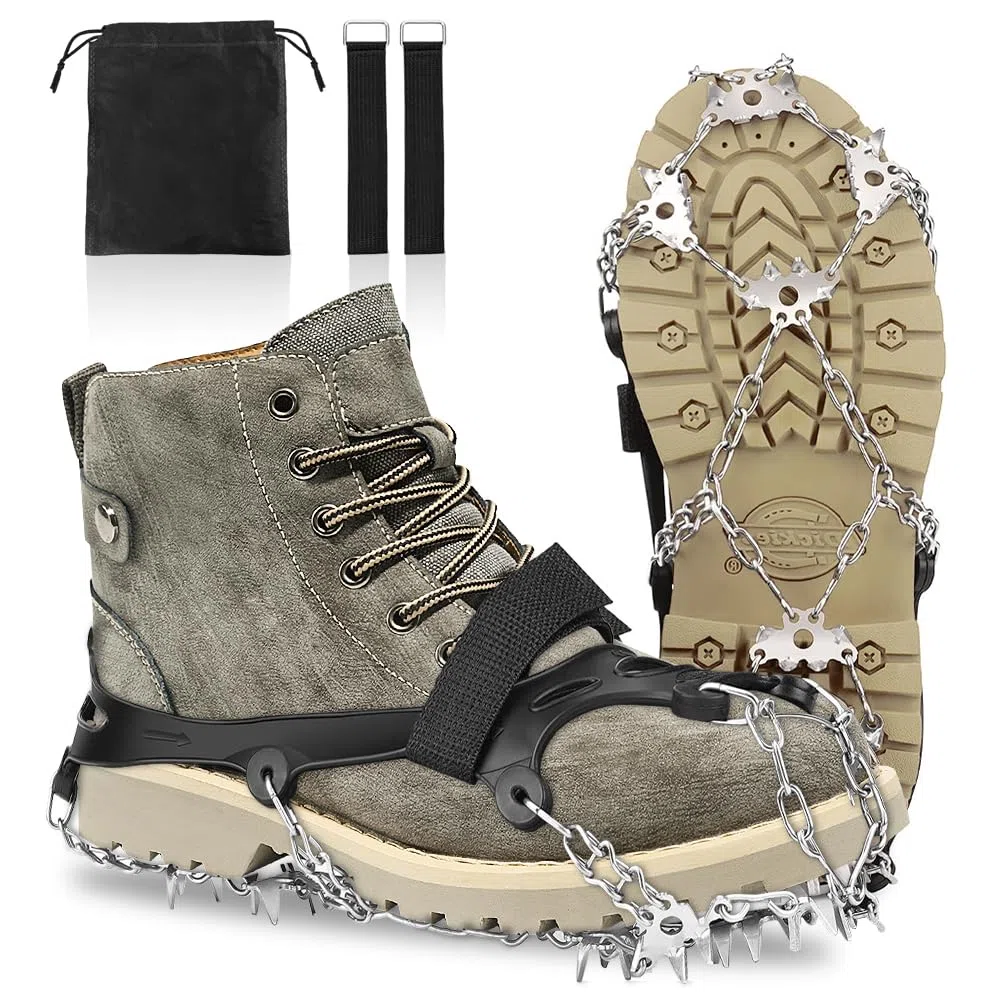 Crampones, 24 Dientes Crampones Nieve Hielo Zapatos Ligeros, Acero Inoxidable Antideslizante Zapatos, Unisex Crampones Tracción con Bolsas para Montañismo, Caminata, Escalada