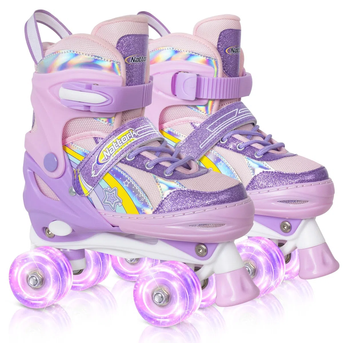 Nattork Patines de ruedas para niñas, 4 posiciones, ajustables, arco iris, el mejor regalo de cumpleaños para deportes al aire libre