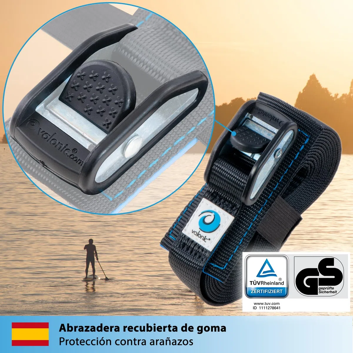 valonic Dolphin - 2X 6m cincha de Amarre con Cierre de apriete, 25mm, 500 Kg, Acolchada, Certificado TÜV Rheinl. / GS, EN-12195-2 - Negro, Correa de Amarre para Tabla de Paddle Surf o Kayak