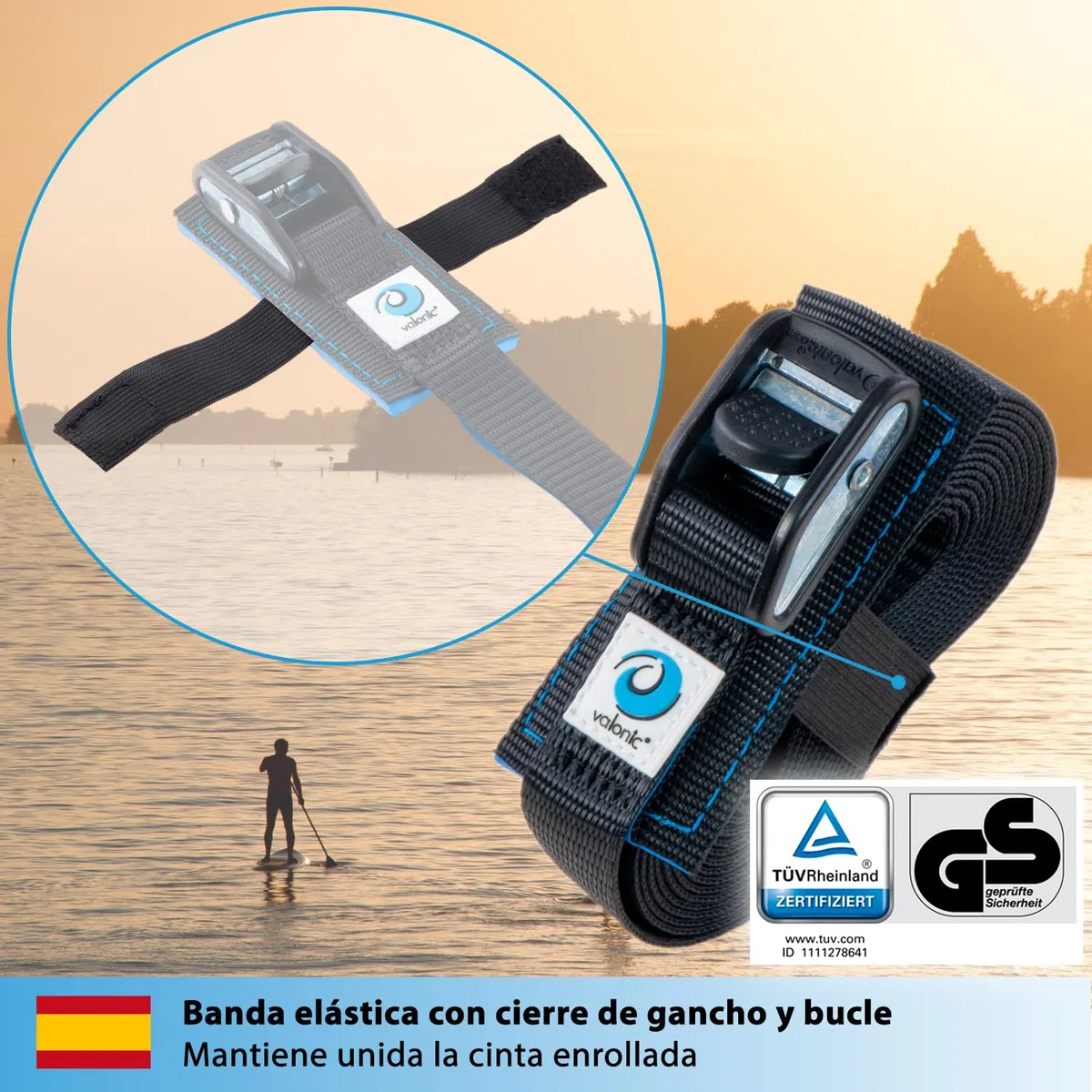 valonic Dolphin - 2X 6m cincha de Amarre con Cierre de apriete, 25mm, 500 Kg, Acolchada, Certificado TÜV Rheinl. / GS, EN-12195-2 - Negro, Correa de Amarre para Tabla de Paddle Surf o Kayak