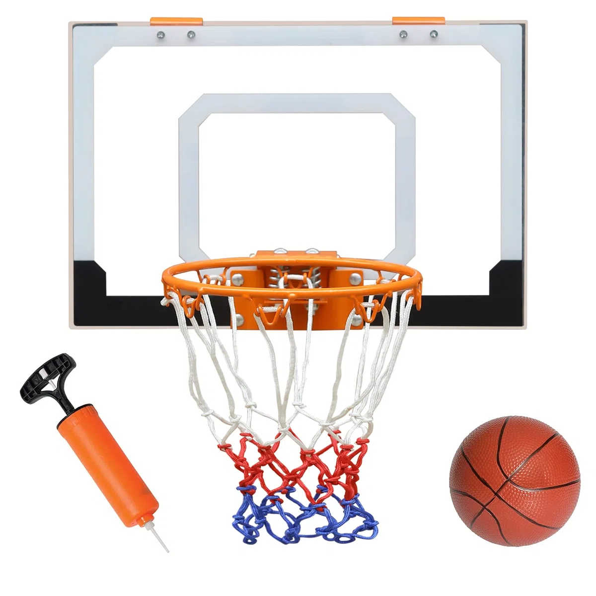 Aro de baloncesto montado en la pared, tablero transparente inastillable de 18 x 12 pulgadas, red para todo tipo de clima, juego de baloncesto para interiores y exteriores (incluye 1 pelota y