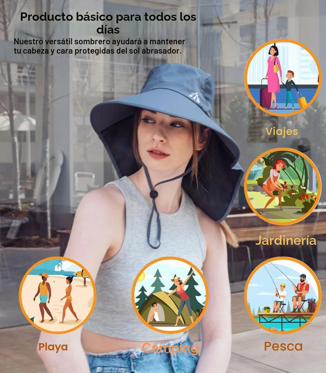 Sombrero de sol para mujer, borde ancho, sombrero de protección solar, sombrero de verano para mujer, UPF50, gorro de pescador con solapa grande