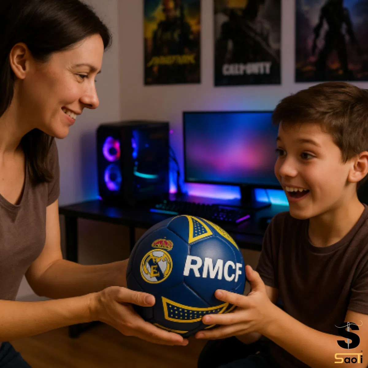 SaoTi Balon Futbol Talla 5 Diseño Inspirado en Club de Madrid Azul y Dorado - Balones de Futbol Resistentes Cosidos a Máquina - Pelotas Futbol Entrenamiento Adulto Niño Escudo RM