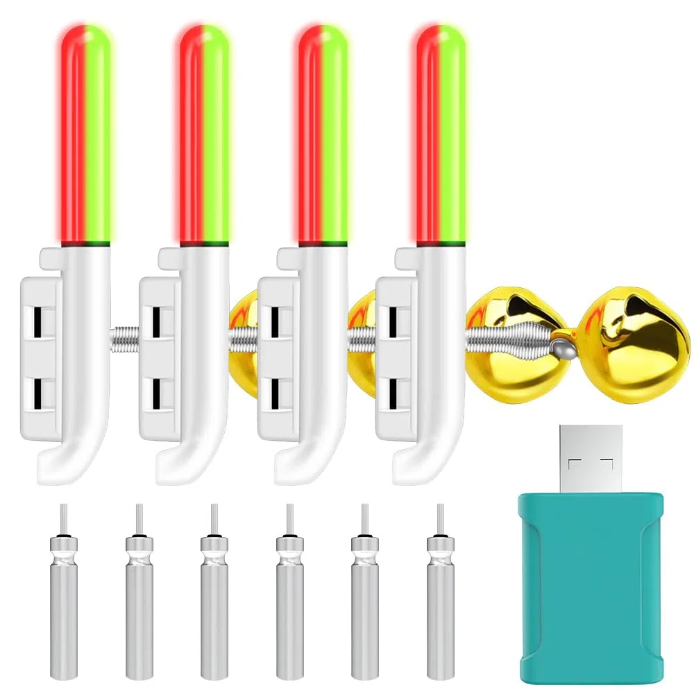 Luces de pesca con 4 luces LED para pescar, con hebilla, alarma de pesca, con cargador y batería para pesca nocturna, al aire libre