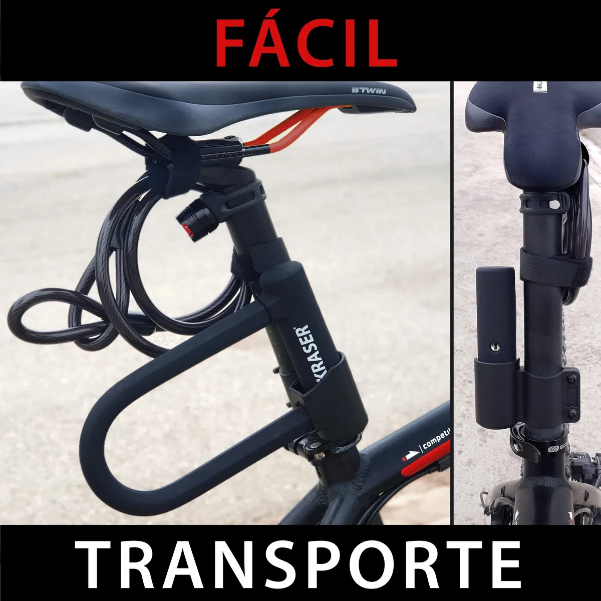 KRASER KR65145B Candado Bicicleta U, Alta Resistencia, Compacto + Cable 120cm Más Seguro y Páctico, Horquilla ø16 Acero de Doble Bloqueo, Soporte Fácil Transporte, Antirrobo Universal Bici Patinete