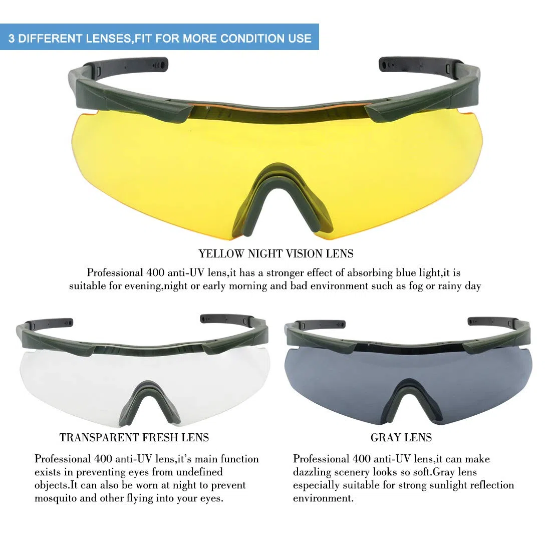 Feyachi Gafas de seguridad con lentes transparentes antivaho y resistentes a los arañazos, protección lateral y brazos antideslizantes, protección UV, ajustables(Verde militar)