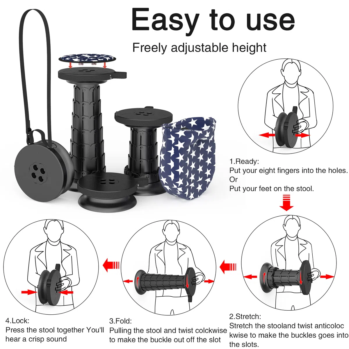 ALEVMOOM 52cm Taburetes de Acampada con Cojín,Capacidad más Robusta 200Kg,Taburete Telescópico Portátil,Heces Plegables,Heces Retráctiles,para Excursionismo Jardín Barbacoa con Bolsa&Mosquetón