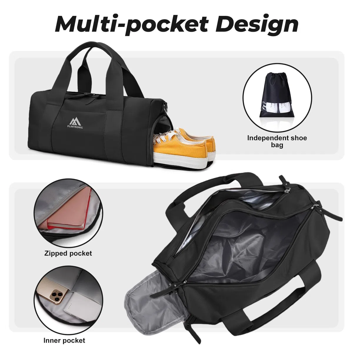 Flintronic Pequeña Bolsa De Deporte para Mujeres, Bolsa de Viaje para Niñas y Niños, Bolsa De Deporte con Zapatero y Bolsillo para Húmedos, para Fitness, Natación y Viaje (Negro)