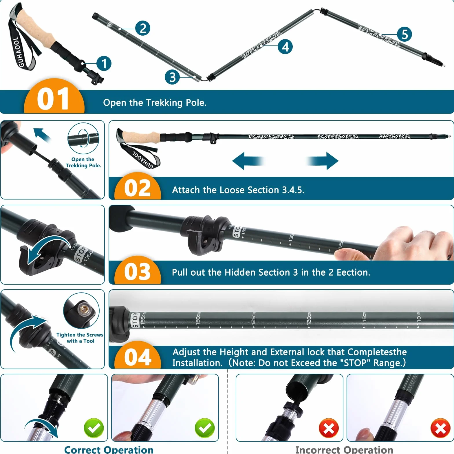Bastones de Senderismo Bastones Trekking Plegables, 2pcs Bastones Trekking Carbono e Alluminio Plegables, Ligero de Aluminio 7075,Ajustar la Longitud 108-139CM,Nordic Walking,Caminar, Montaña