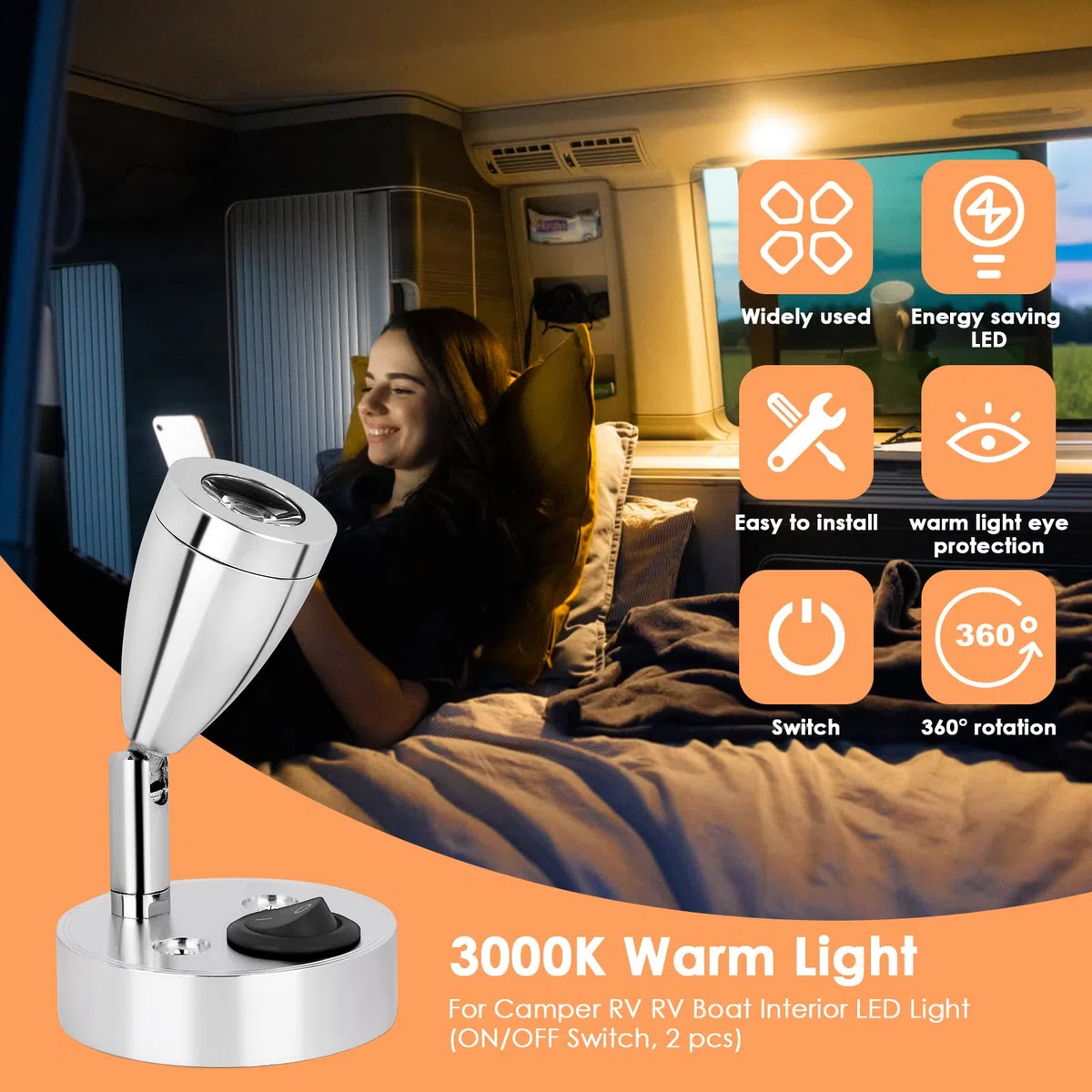 2PCS Luz de Lectura LED 12V, 3W Lámpara de Pared Regulable 3000K con Interruptor para Barco Autocaravana Caravana Camper Cabina Camión