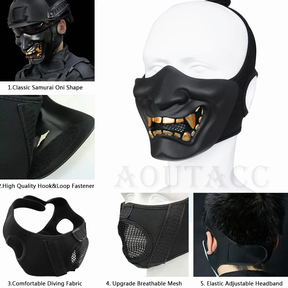 Airsoft - Máscara de media cara, monstruo demonio malvado, Kabuki, Samurai Hannya Oni, máscara protectora de media cara para baile de máscaras, fiesta, Halloween, juego de guerra Cs