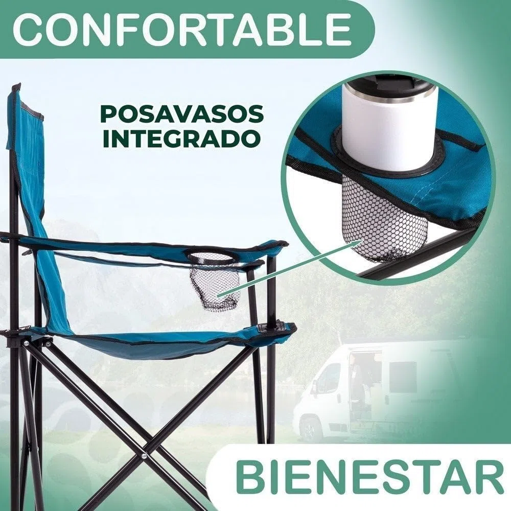 LOLAhome Silla Playa Camping Pesca y Caza Plegable Cierre Tijera Estructura Acero con Pintura Epoxi anticorrosión y Lona poliéster Oxford 600 D Azul, portavasos y Bolsa de Transporte