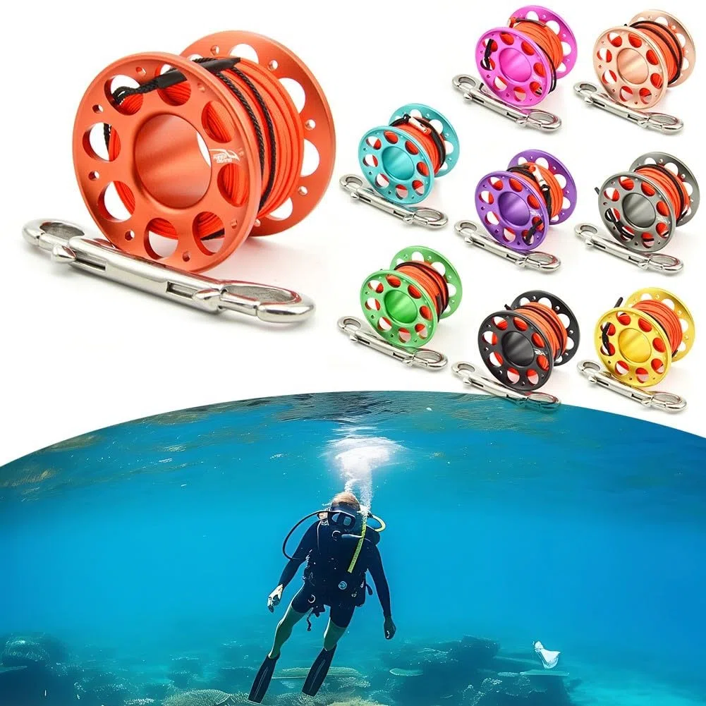 Carrete de buceo de aluminio con giro de acero inoxidable y gancho doble para equipo de buceo en cuevas, herramienta de penetración de naufragio, carrete guía de seguridad (30 m, azul)