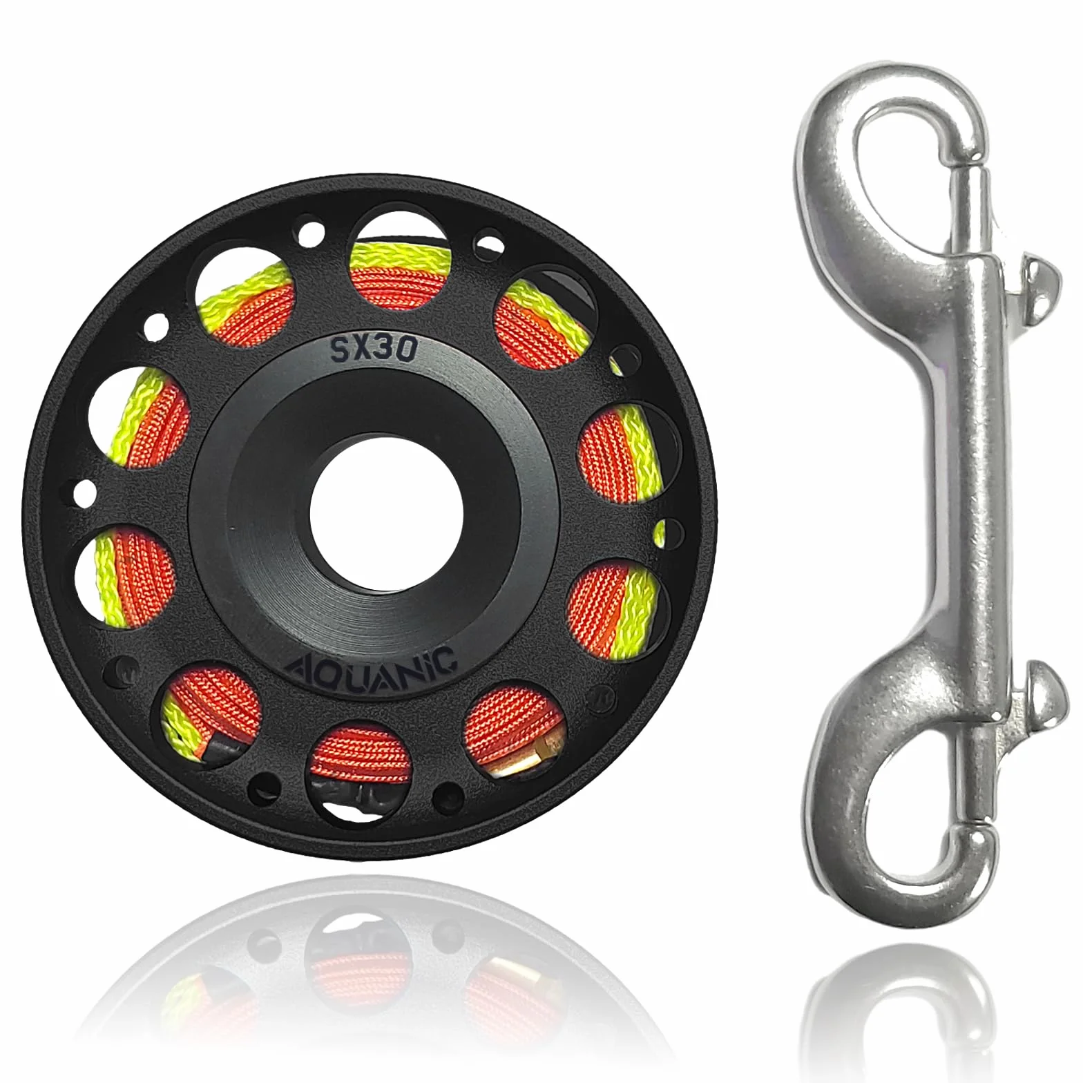 Carrete de buceo de 99 pies, carrete de dedo con perno de doble extremo, clip de presión de aluminio, carrete de carrete de dedo para esnórquel, buceo, pesca, color negro