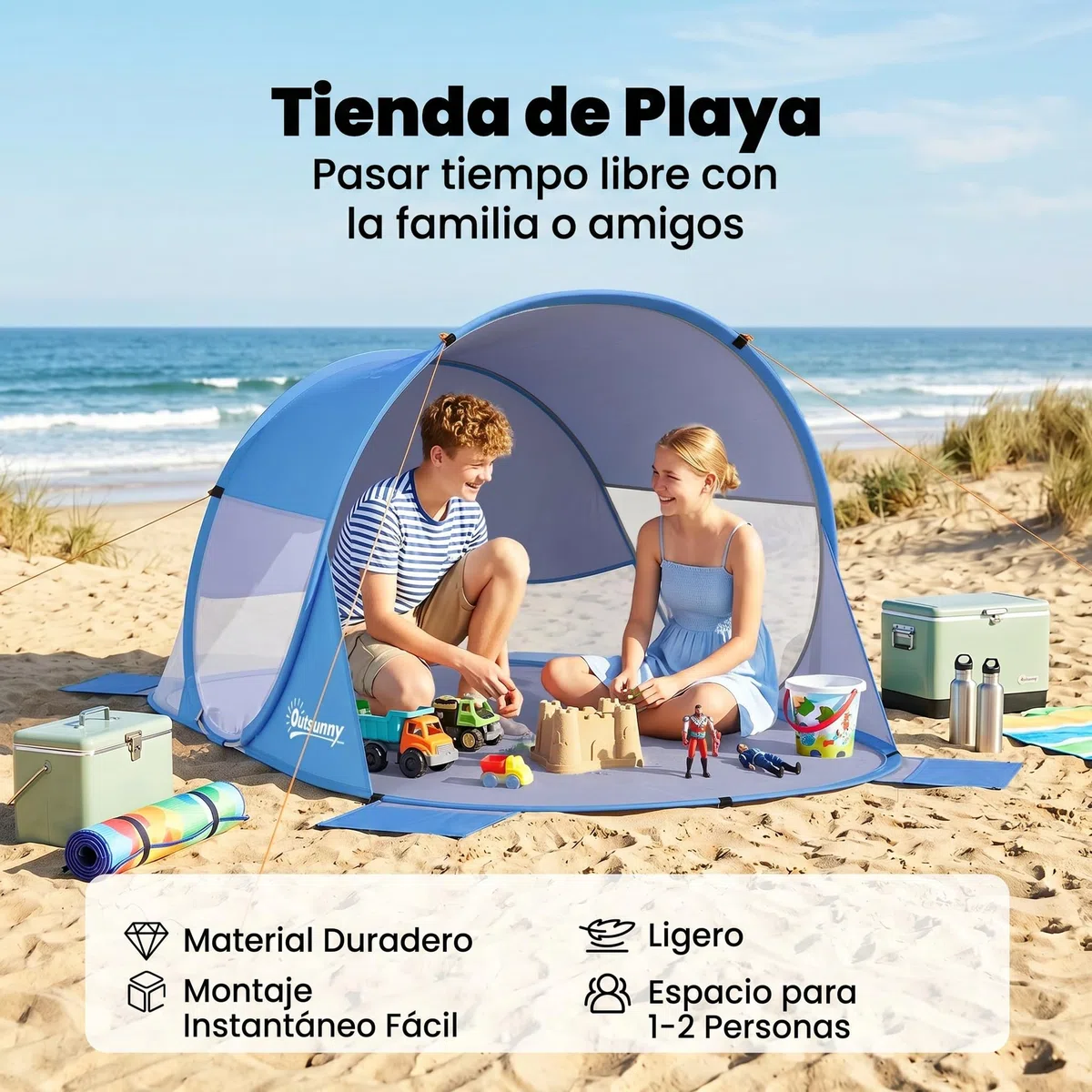 Outsunny Tienda de Playa Plegable Pop-up Carpa de Playa Automático para 1-2 Personas con 1 Puerta 2 Ventanas y Bolsa de Transporte para Parque Camping 200x120x90 cm Azul