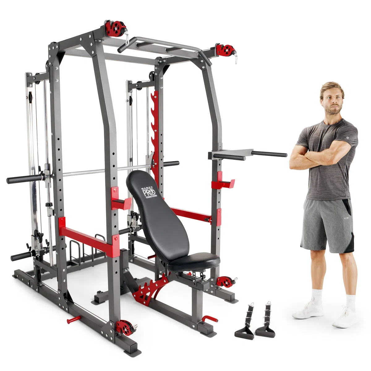 Marcy SM-4903 Smith Machine y Power Rack con Cruce de Poleas y Banco | Carga máxima del banco 272 kg, dimensiones de la jaula 154 x 180 x 218 cm, banco ajustable