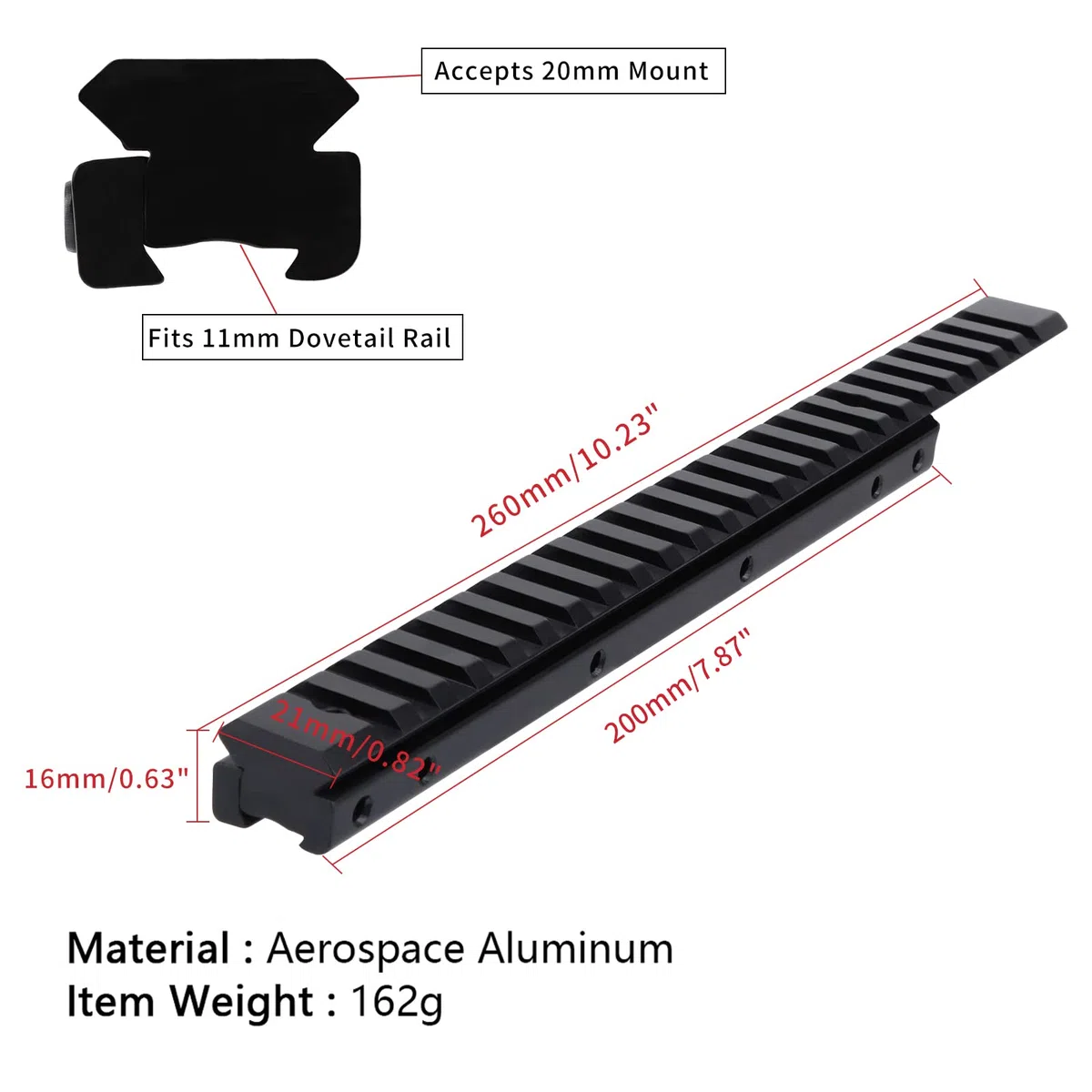 Picatinny Rail 11 mm a 20 mm Montaje en riel Base de riel de aleación de Aluminio Ligero para Juegos Deportivos al Aire Libre Riel Picatinny