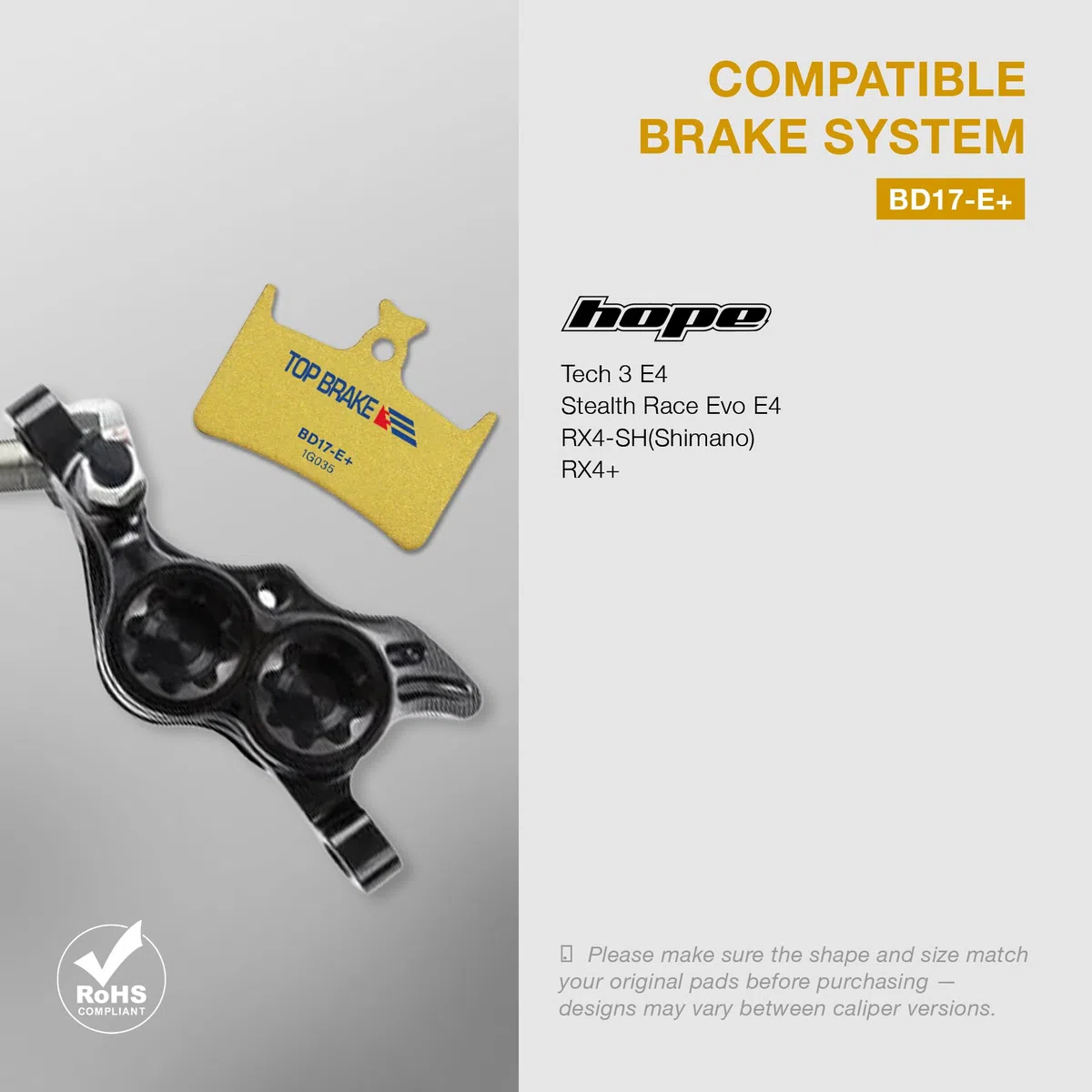 TOP BRAKE Pastillas de Freno de Disco compatibles con Hope Tech E4, M4, RX4+, RX4 SH, Stealth Race EVO E4 | MTB eMTB Downhill Trail Cycling Cross Country(XC) | 2026 iF Design Award