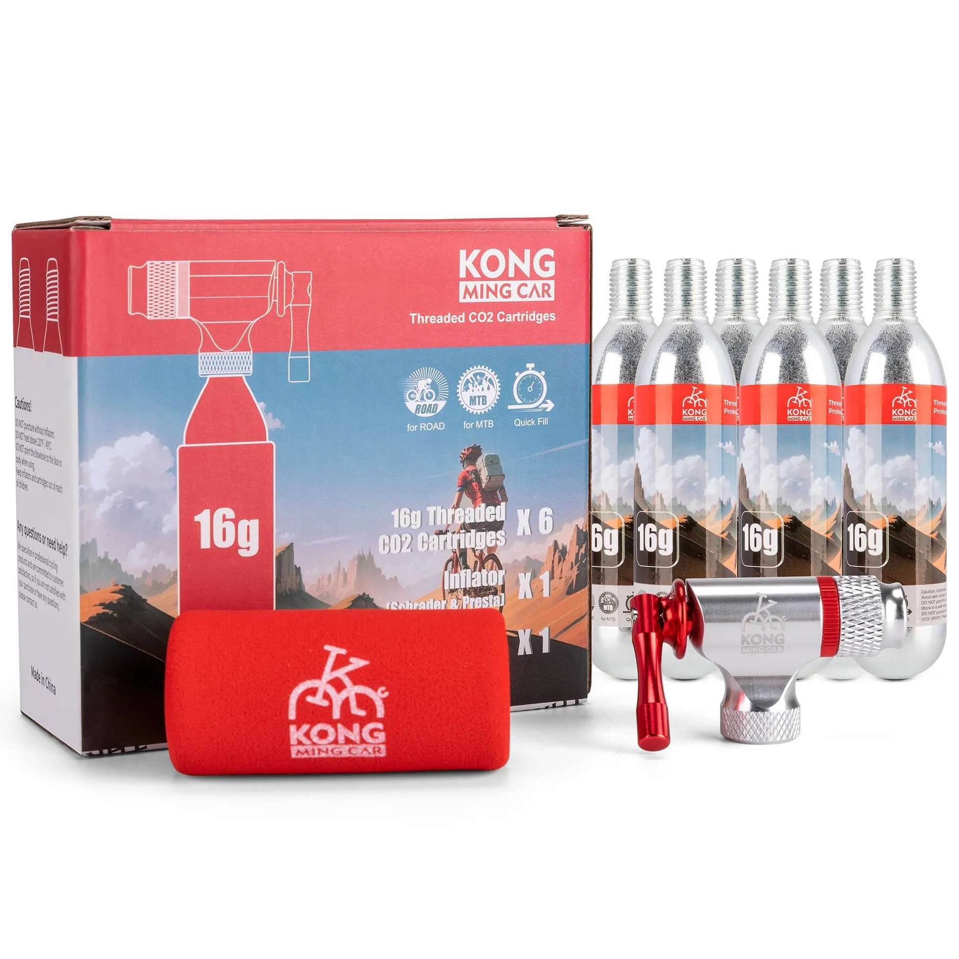 Juego de Inflador de CO2 para Ciclismo, 6 Cartuchos de CO2 de 16g/25g, Compatible con Válvulas Presta y Schrader, Bomba de CO2 para MTB y Bicicleta de Carretera