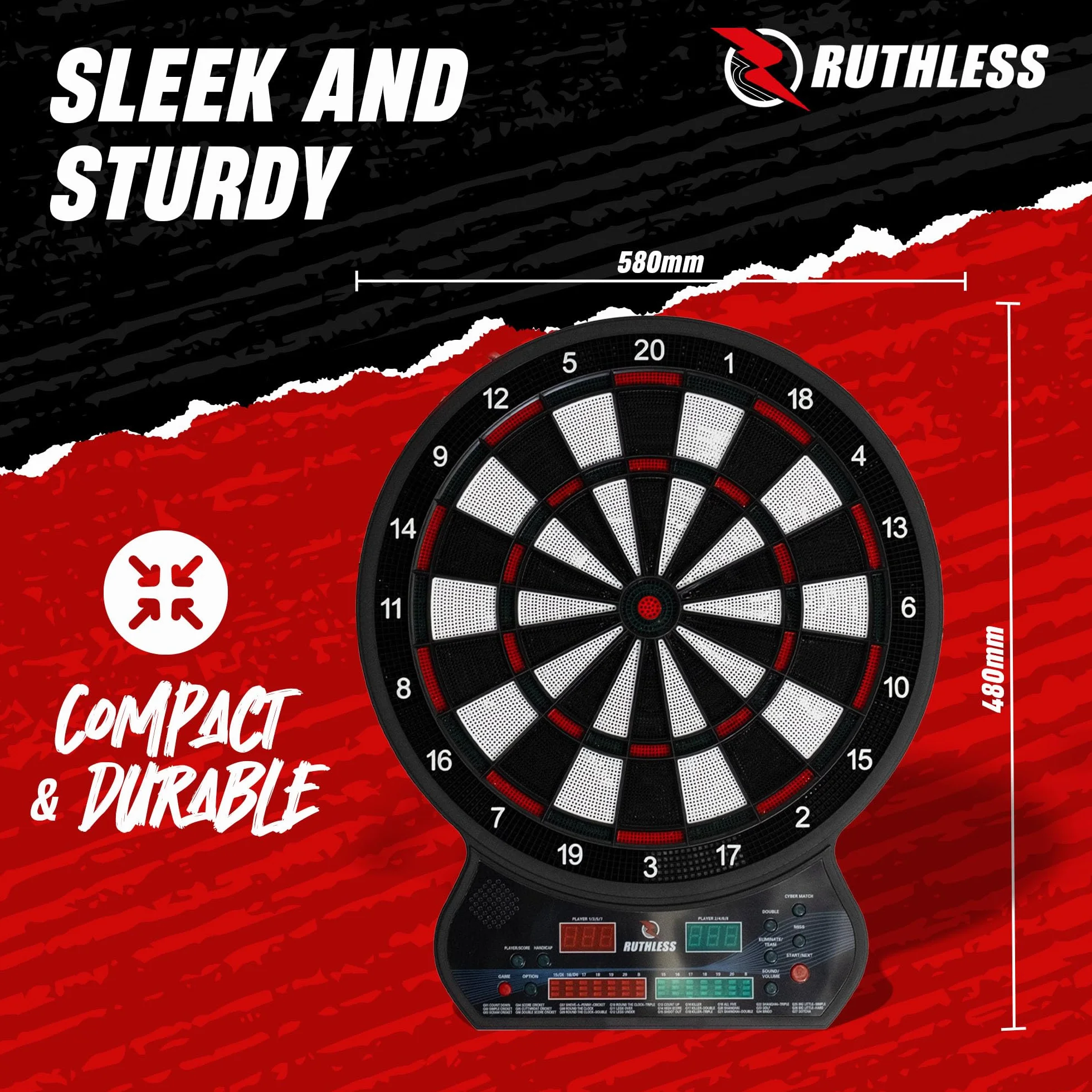 RUTHLESS | Tablero de dardos electrónico R600 de Ruthless | Punta suave | 4 juegos de dardos | 8 jugadores | 27 juegos.