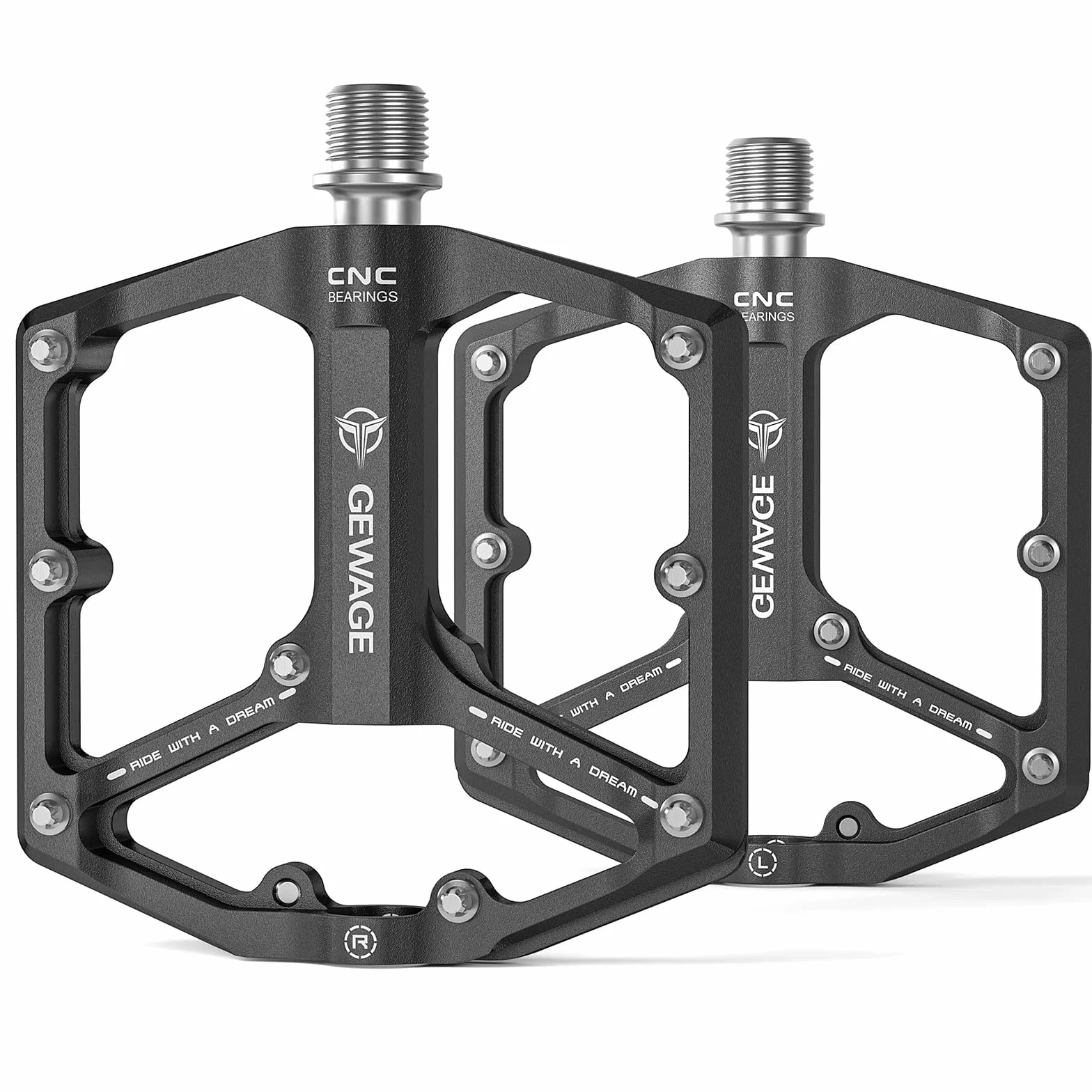 GEWAGE Pedales de Bicicleta de Carretera/montaña - Pedales de Bicicleta de 3 rodamientos - Pedales Planos mecanizados CNC de 9/16” con Clavos Antideslizantes extraíbles