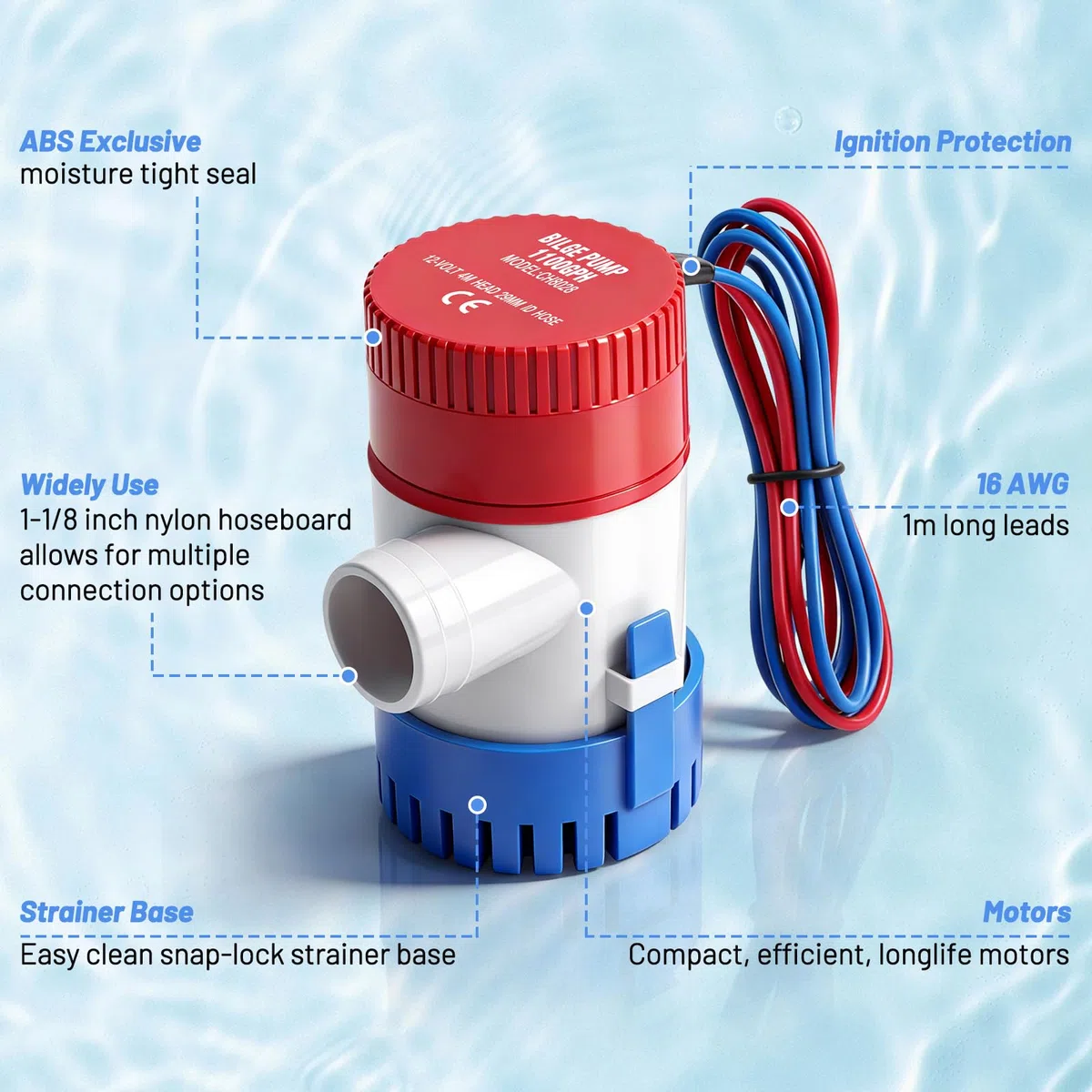 Bomba de Achique 12V 1100GPH, Bomba de Achique Manual 29mm, Bomba Sumergible Eléctrica para Barco Marina Yate Exterior Jardín, Bomba Desagüe Agua 4164L/h