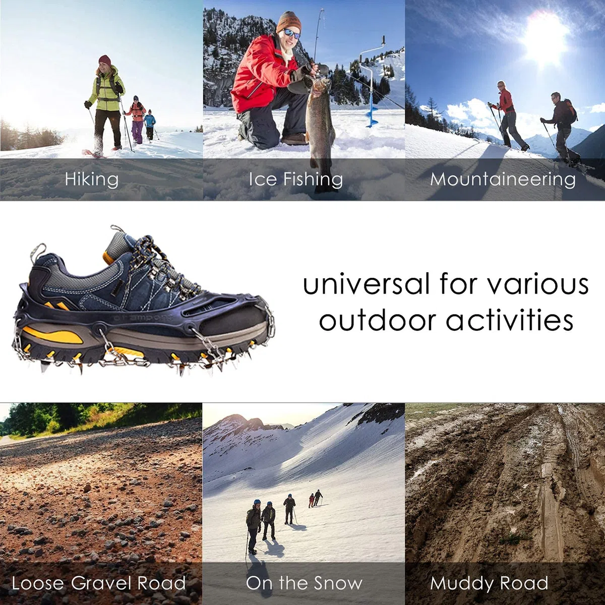 Crampones Antideslizantes para Hielo y Nieve con 19 Púas de Acero Inoxidable, Cleats de Tracción para Botas y Zapatos, Hombre y Mujer, Seguridad para Senderismo, Pesca, Caminatas y Escalada