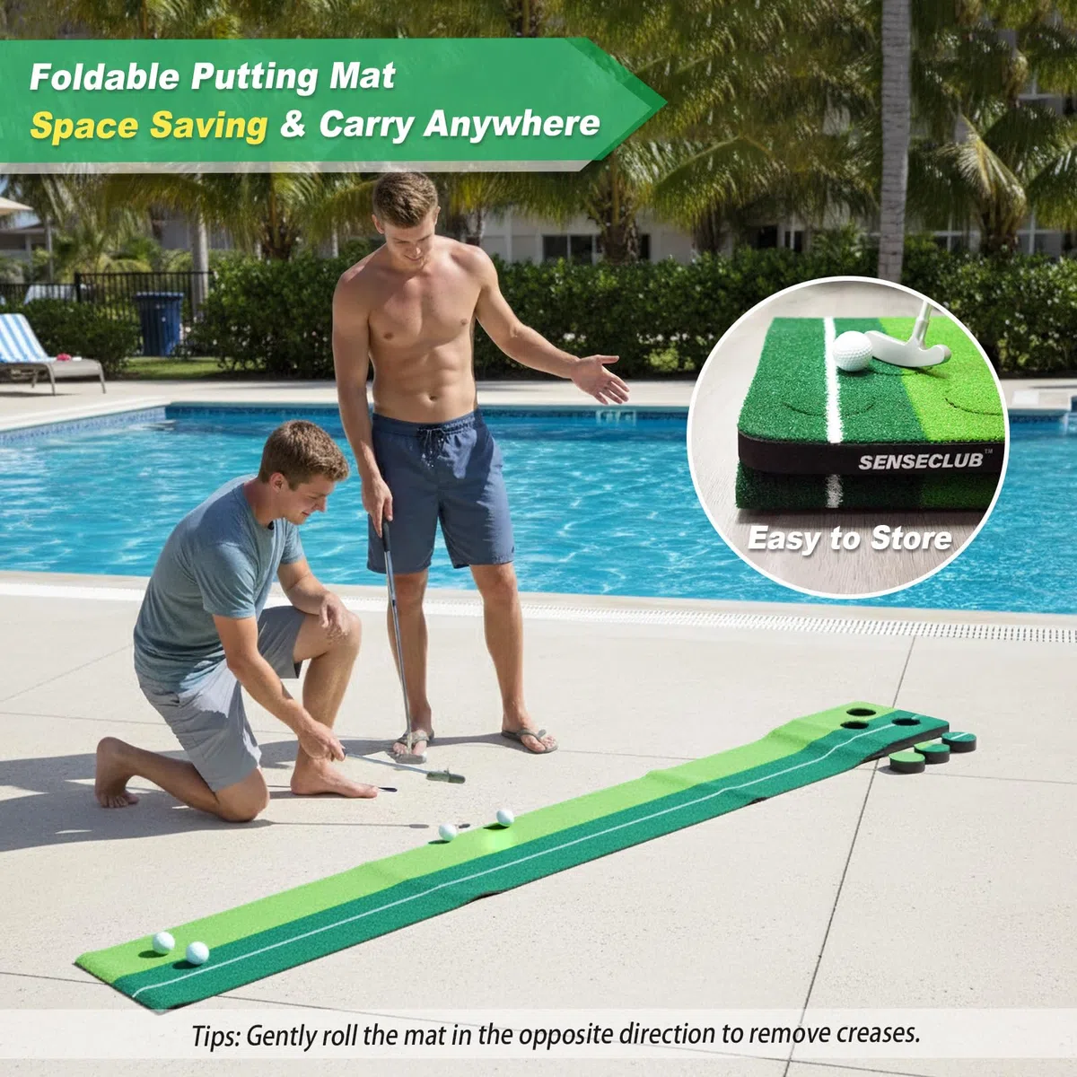 SENSECLUB - Juego de tapete de putting plegable verde para interiores, regalos de golf para hombres con sistema de recogida de bolas
