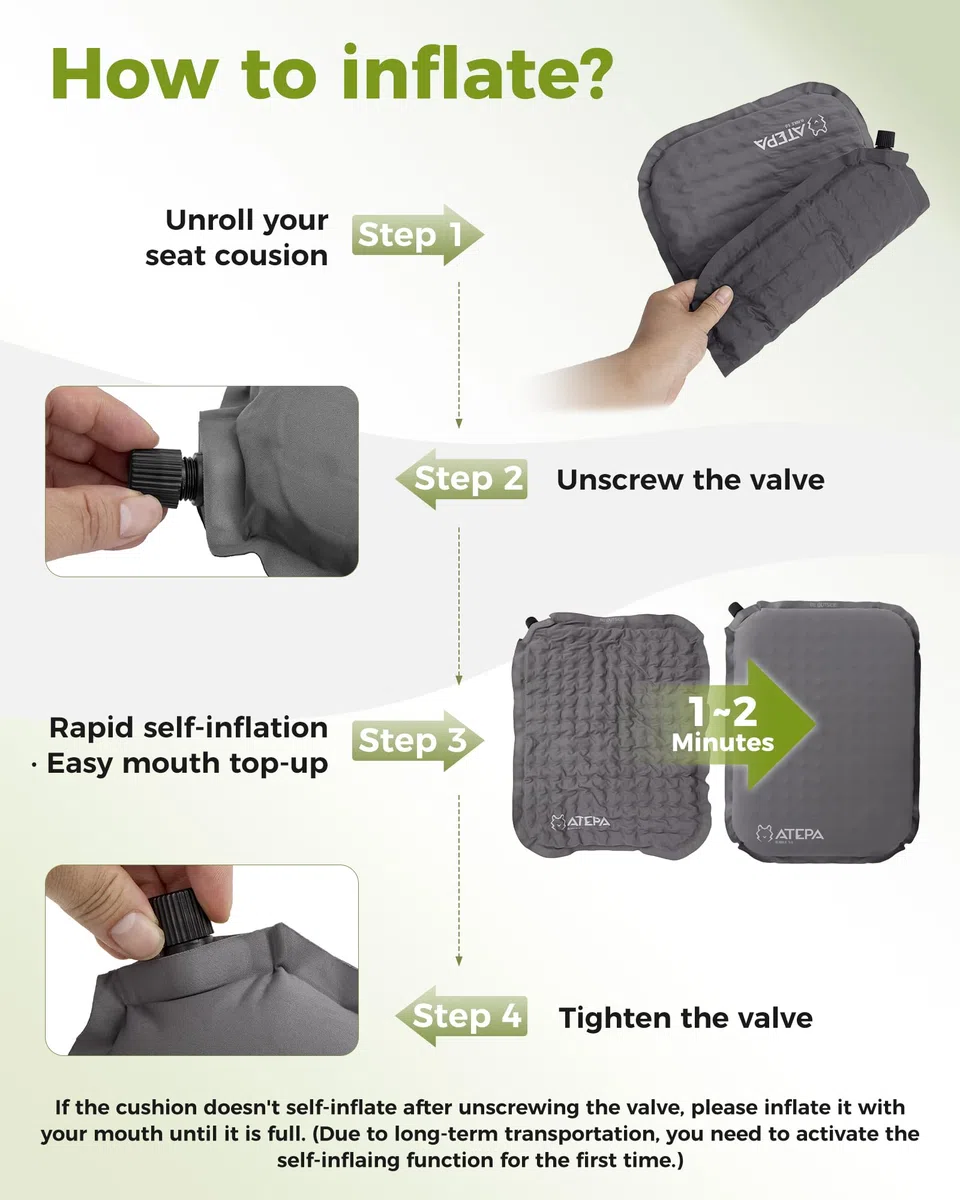 ATEPA Cojín de Asiento Inflable para Estadio, Autoinflable Ultraligero Portátil y Compacto, Resistente al Agua, para Partidos de Fútbol, Avión, Viajes, Camping, Senderismo, Conciertos u Oficina, Gris