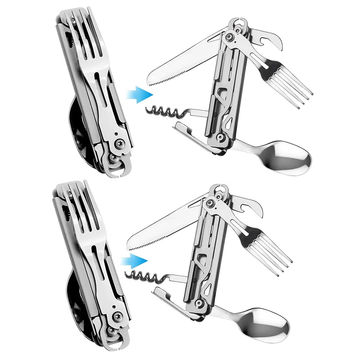 Cubiertos plegables multifuncionales 5 en 1, Vajilla de utensilios para acampar al aire libre, Juego de cubiertos portátil de acero inoxidable para viajes, con bolsa con cordón (2 Paquetes)