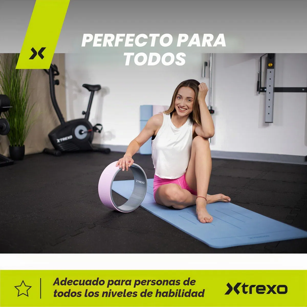 TREXO Rueda de yoga respetuosa con el medio ambiente en color lila con un diámetro de 32 cm y una anchura de 13 cm. Fabricada en TPE y polipropileno. Superficie antideslizante ideal para cualquier