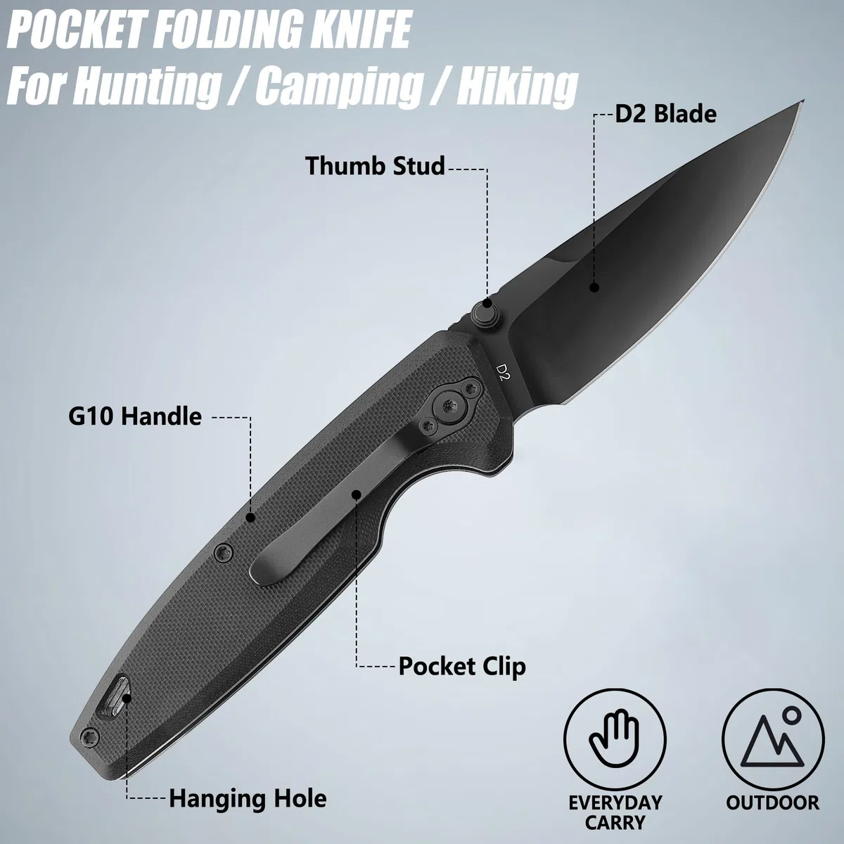 FLISSA Navaja Plegable, Cuchillo Plegable con Mango de G10, EDC de 200mm, Material D2, Clip para Cinturón, para Camping, Senderismo, Viaje