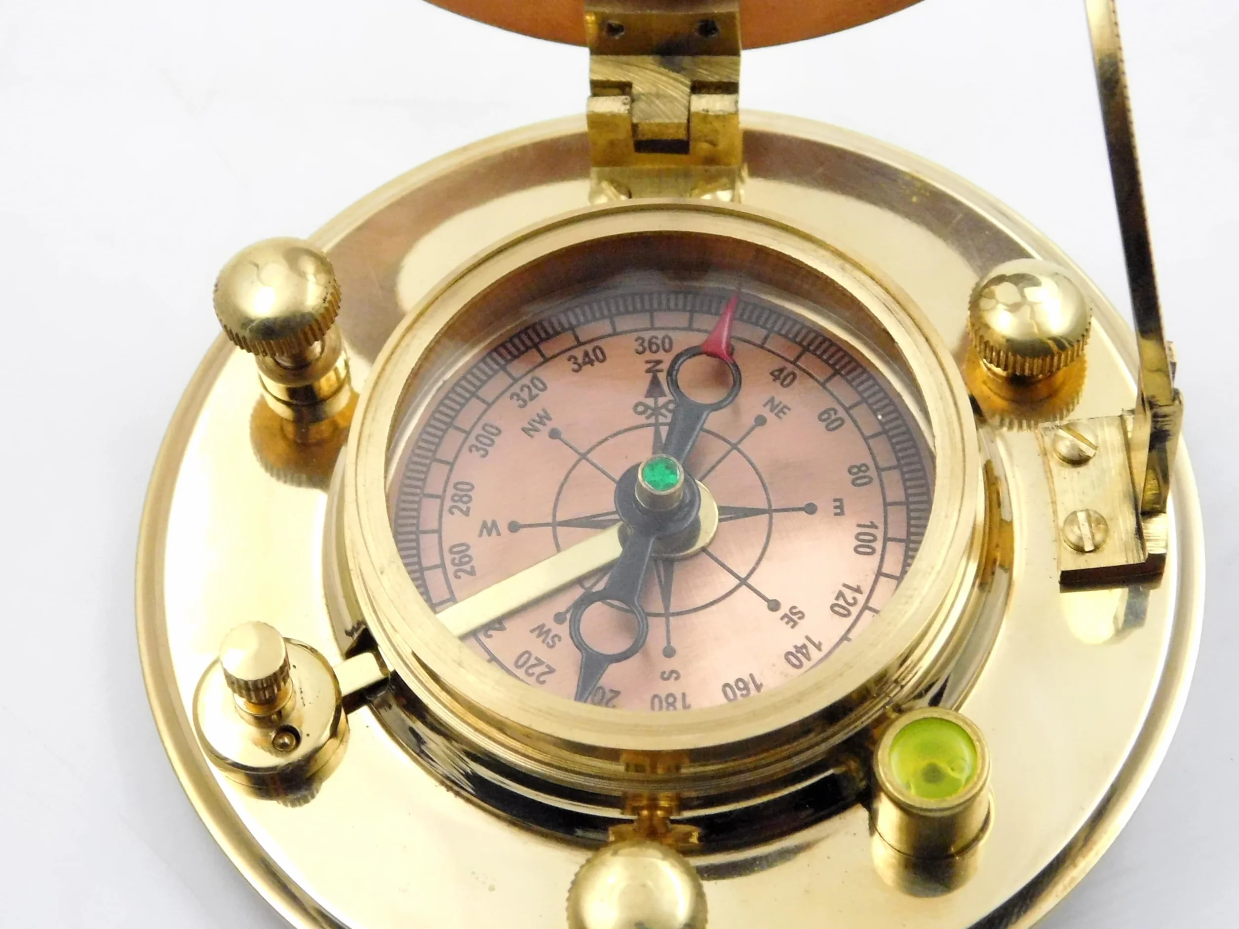 Brújula Sundial de latón antiguo con elegante estuche de cuero